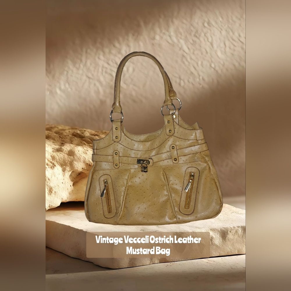 Vecceli Italy Ostrich-Embossed Shoulder Bag in Mustard